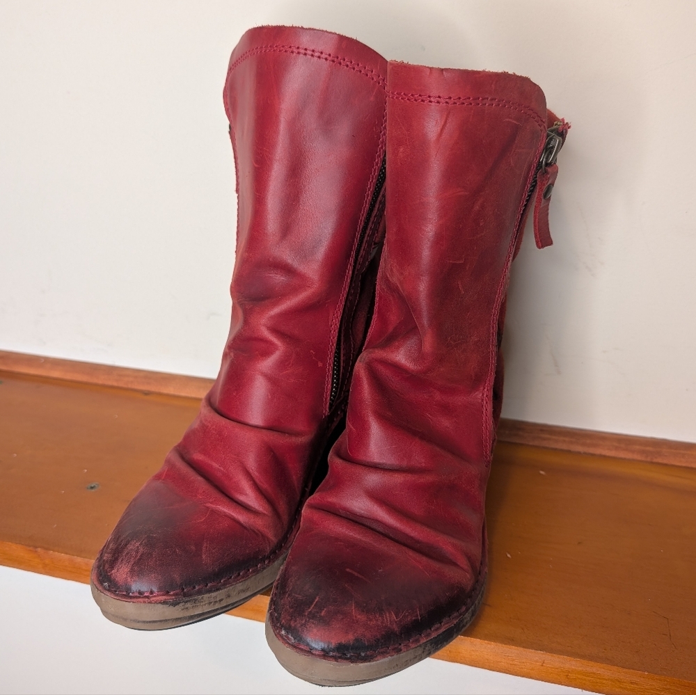 Fly London Red Leather Ankle Boots Wedge Heel Zip Booties EU 38 US 7.5 - Picture 2 of 8